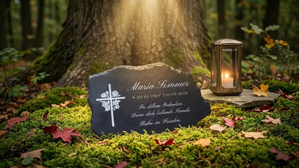 Gestaltungsbeispiel einer Gedenktafel in wilder Schieferform mit Namen, Lebensdaten und Kreuzmotiv